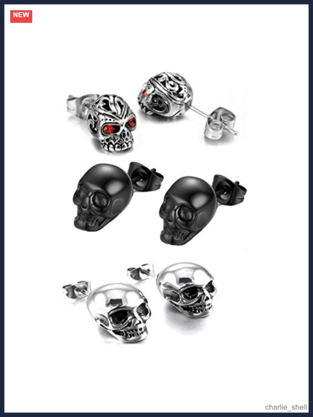 Skull Stud Earrings 3 Pairs Hypoallergenic Metal Cosplay Halloween